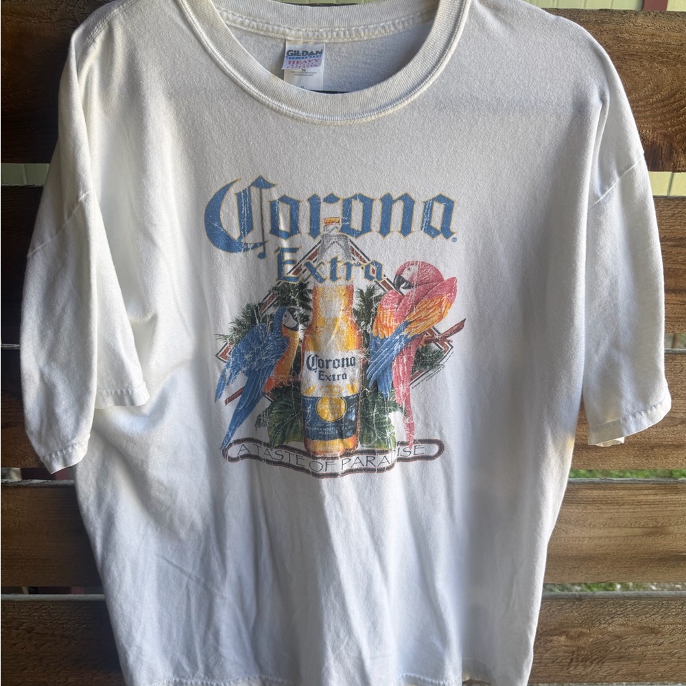 Corona Graphic Beer Tee - White with Blue, Red, Yellow Parrots Print